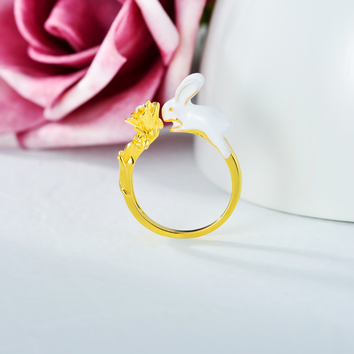 Sterling Silver with Yellow Gold Plated Round Crystal Rabbit Open Ring-3