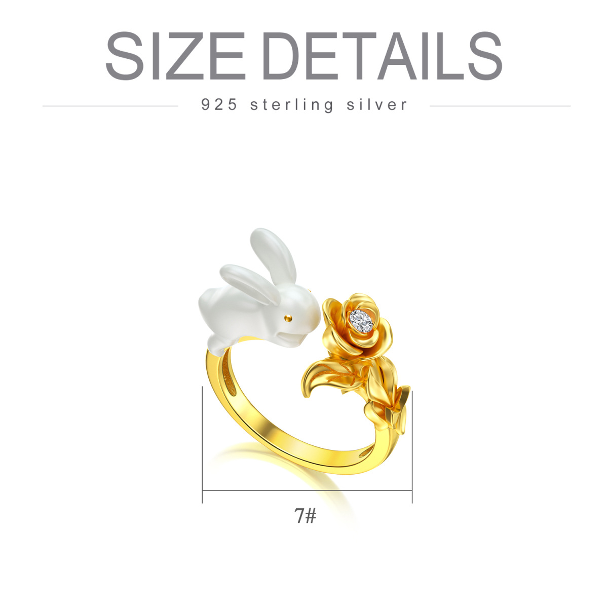 Sterling Silver with Yellow Gold Plated Round Crystal Rabbit Open Ring-5