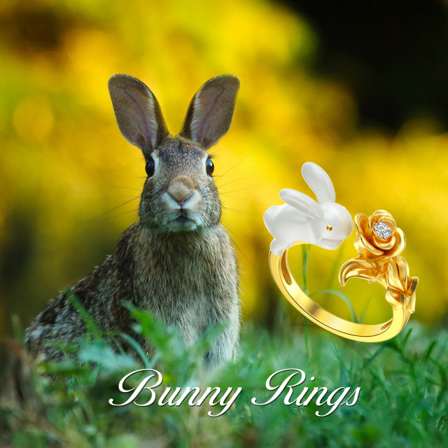 Sterling Silver with Yellow Gold Plated Round Crystal Rabbit Open Ring-6