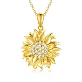 Sterling Silver with Yellow Gold Plated Round Diamond Sunflower Pendant Necklace-35