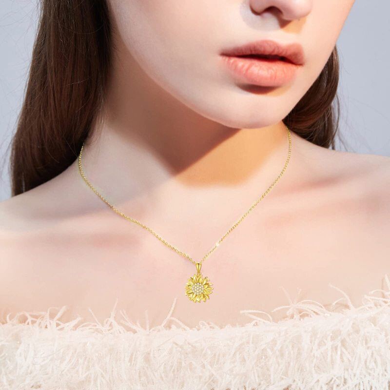 Sterling Silver with Yellow Gold Plated Round Diamond Sunflower Pendant Necklace-2