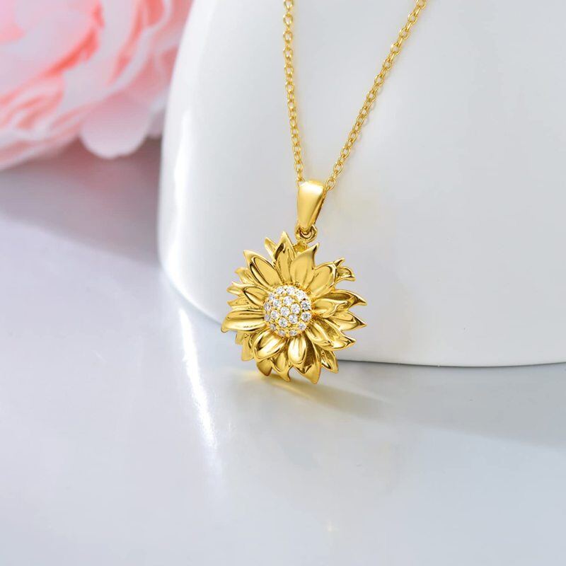 Sterling Silver with Yellow Gold Plated Round Diamond Sunflower Pendant Necklace-3
