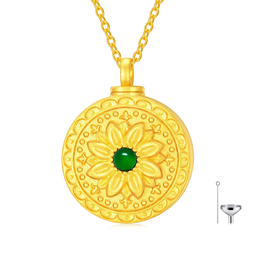 Sterling Silver with Yellow Gold Plated Round Emerald Sunflower Urn Necklace for Ashes-1