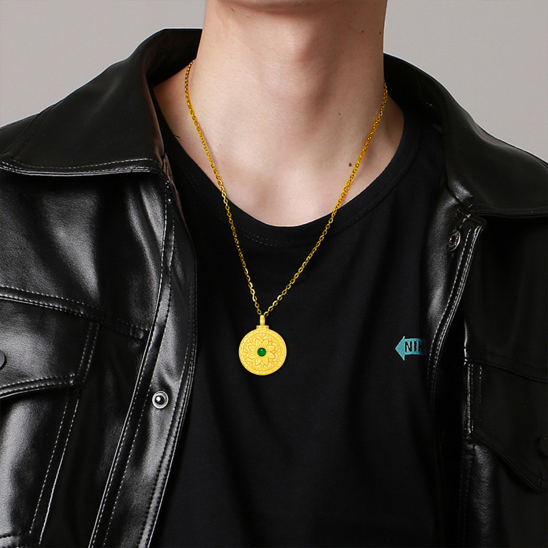 Naszyjnik z okrągłą urną ze szmaragdowego słonecznika ze srebra próby 925 i żółtego złota na prochy-3