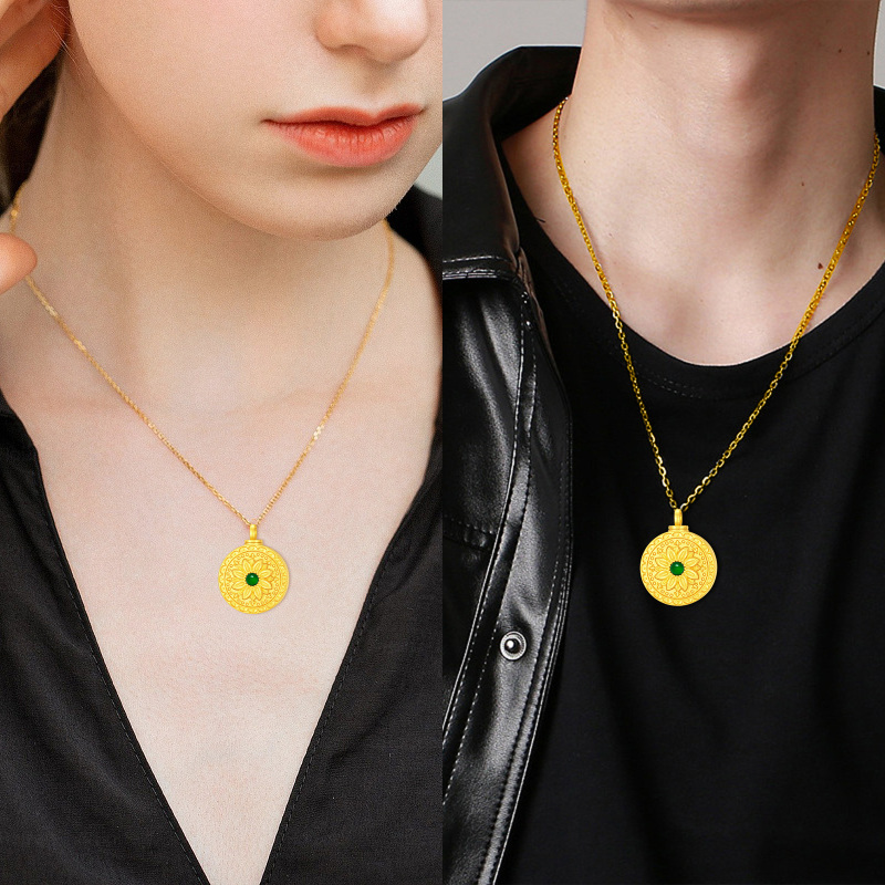 Naszyjnik z okrągłą urną ze szmaragdowego słonecznika ze srebra próby 925 i żółtego złota na prochy-4