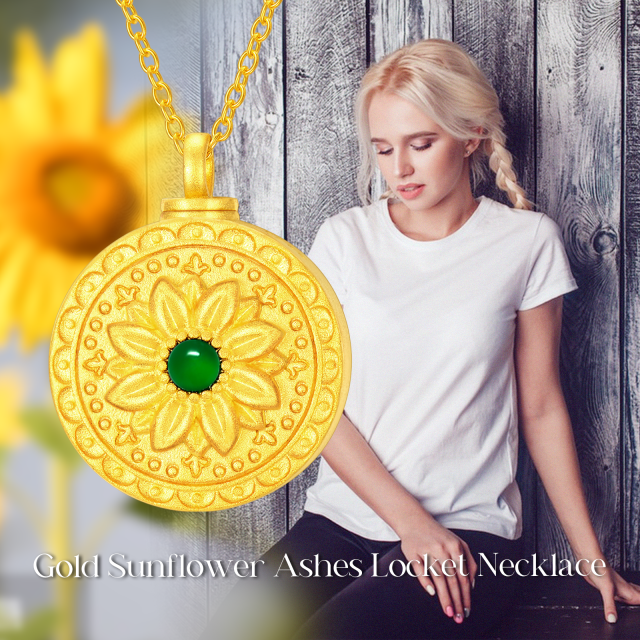 Sterling Silver with Yellow Gold Plated Round Emerald Sunflower Urn Necklace for Ashes-5