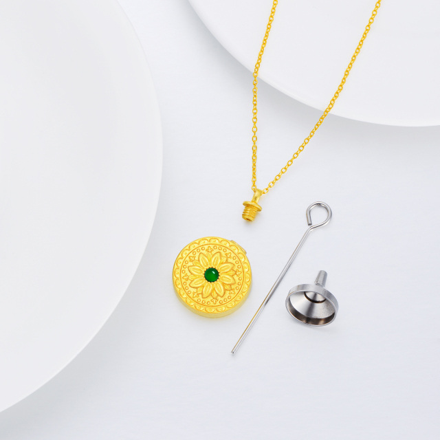 Sterling Silver with Yellow Gold Plated Round Emerald Sunflower Urn Necklace for Ashes-6