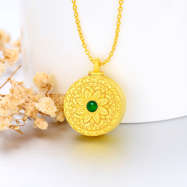 Collana d'argento con girasole rotondo di smeraldo placcato in oro giallo per le ceneri-7