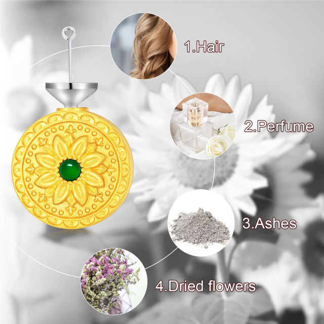 Collana d'argento con girasole rotondo di smeraldo placcato in oro giallo per le ceneri-8