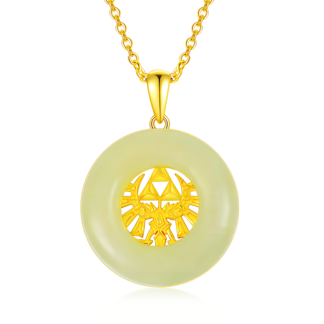 Sterling Silver with Yellow Gold Plated Round Jade Triforce Pendant Necklace-1