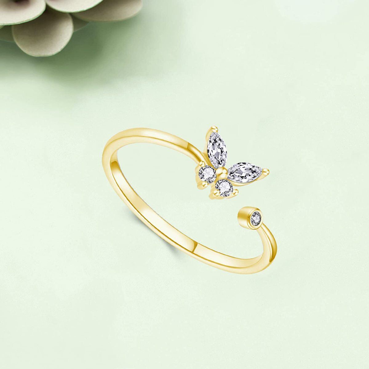 Sterling Silver with Yellow Gold Plated Round Moissanite Butterfly Open Ring-4