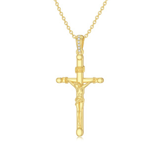 Sterling Silver with Yellow Gold Plated Round Moissanite Cross Pendant Necklace-4