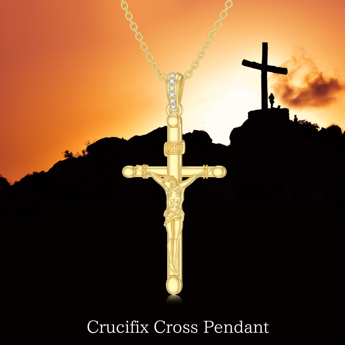 Sterling Silver with Yellow Gold Plated Round Moissanite Cross Pendant Necklace-3