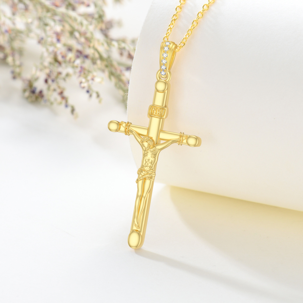 Sterling Silver with Yellow Gold Plated Round Moissanite Cross Pendant Necklace-5