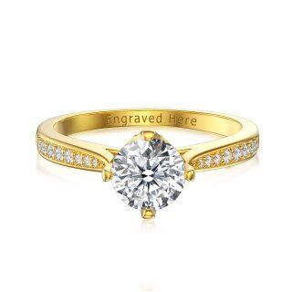 Sterling Silver with Yellow Gold Plated Round Moissanite Personalized Engraving Engagement Ring For Her-32