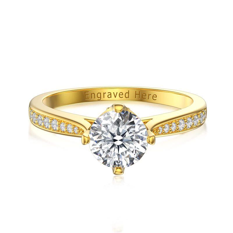 Sterling Silver with Yellow Gold Plated Round Moissanite Personalized Engraving Engagement Ring For Her