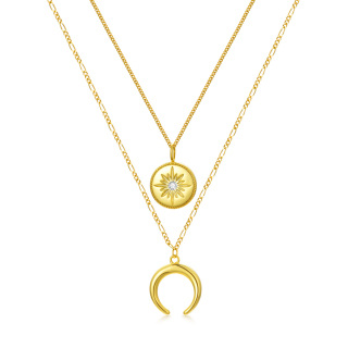 Sterling Silver with Yellow Gold Plated Round Cubic Zirconia Moon & Sun Layered Necklace-30