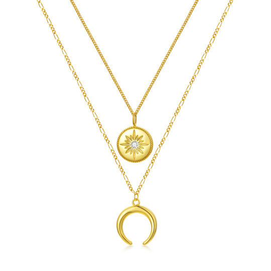 Sterling Silver with Yellow Gold Plated Round Cubic Zirconia Moon & Sun Layered Necklace