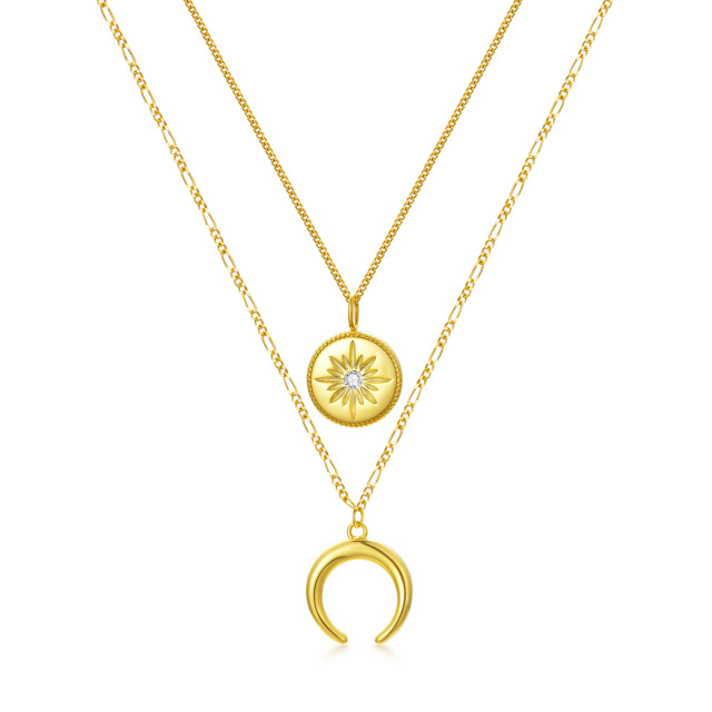 Sterling Silver with Yellow Gold Plated Round Cubic Zirconia Moon & Sun Layered Necklace-5