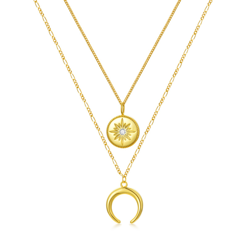 Sterling Silver with Yellow Gold Plated Round Cubic Zirconia Moon & Sun Layered Necklace-14
