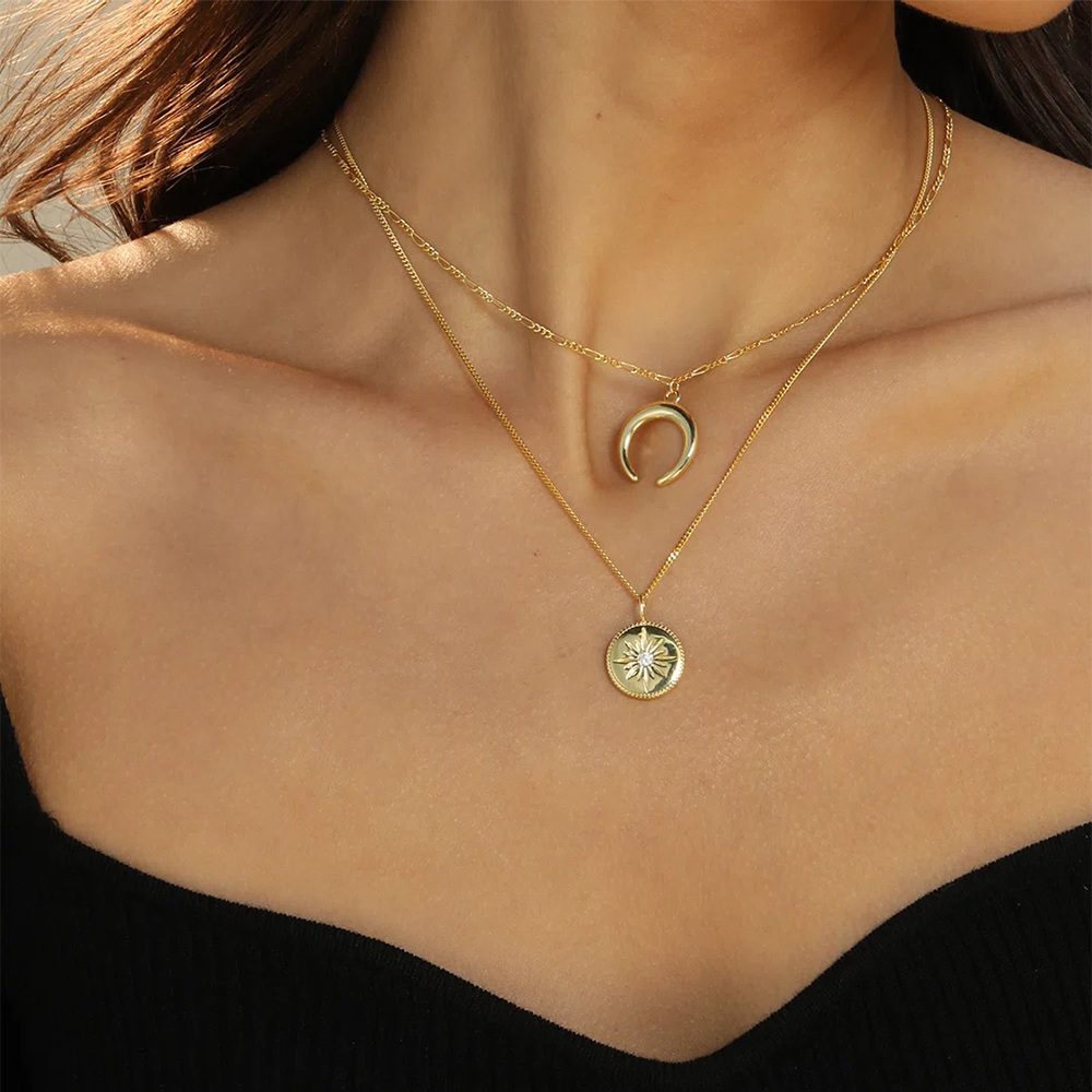 Sterling Silver with Yellow Gold Plated Round Cubic Zirconia Moon & Sun Layered Necklace-2