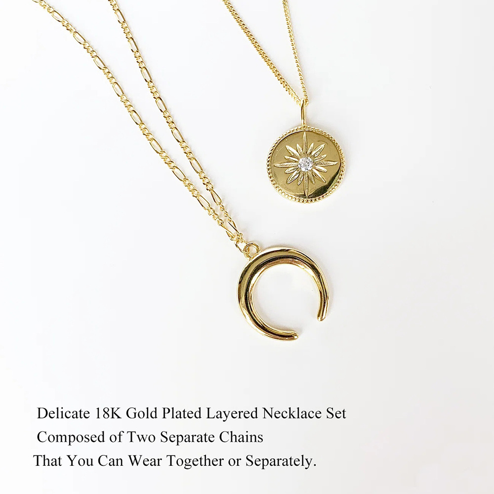 Sterling Silver with Yellow Gold Plated Round Cubic Zirconia Moon & Sun Layered Necklace-7