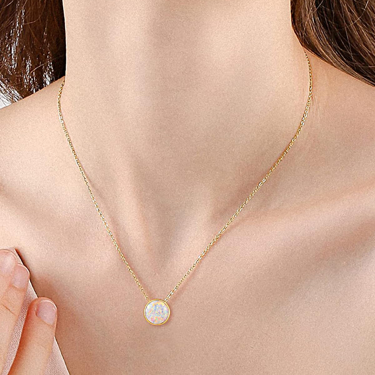 Sterling Silver with Yellow Gold Plated Round Opal Pendant Necklace for Women-3