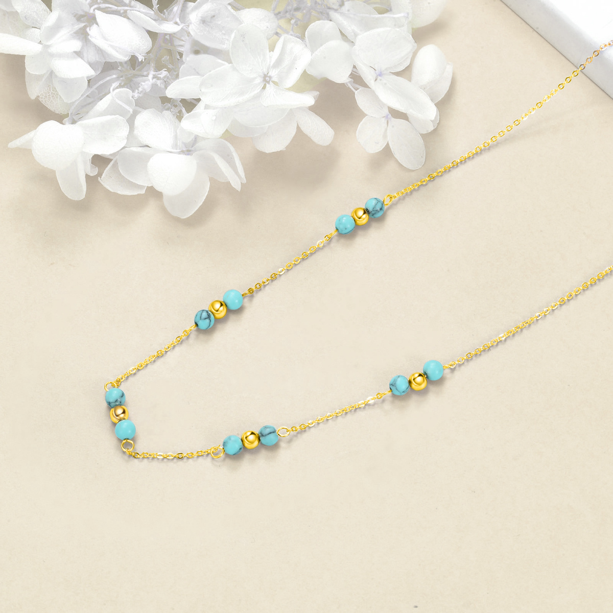 Sterling Silver with Yellow Gold Plated Round Turquoise Bead Metal Choker Necklace-4