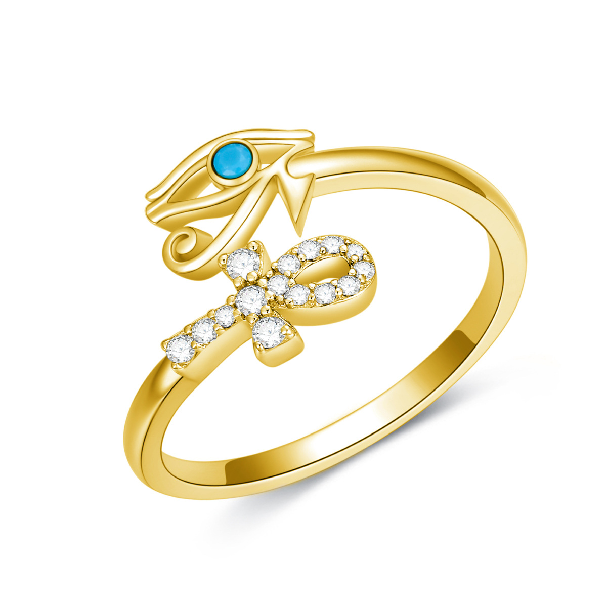 Bague ouverte en argent sterling avec turquoise ronde plaquée or jaune Œil d'Horus-1