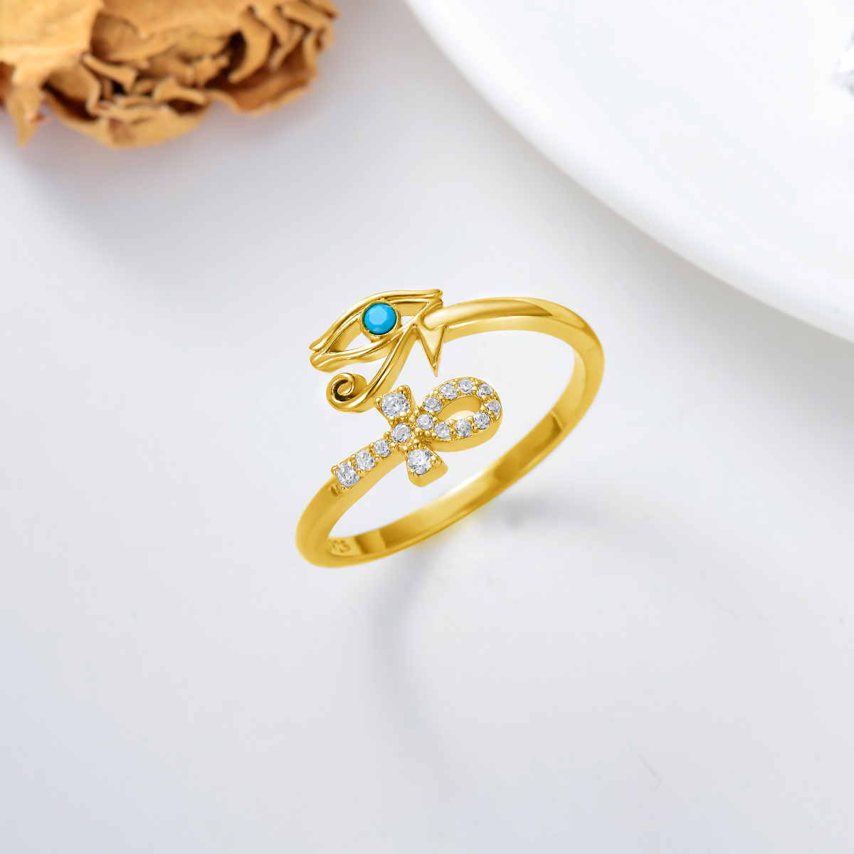 Sterling Silver with Yellow Gold Plated Round Turquoise Eye Of Horus Open Ring-3