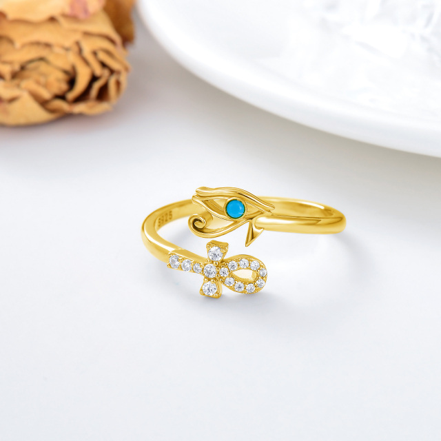 Sterling Silver with Yellow Gold Plated Round Turquoise Eye Of Horus Open Ring-4