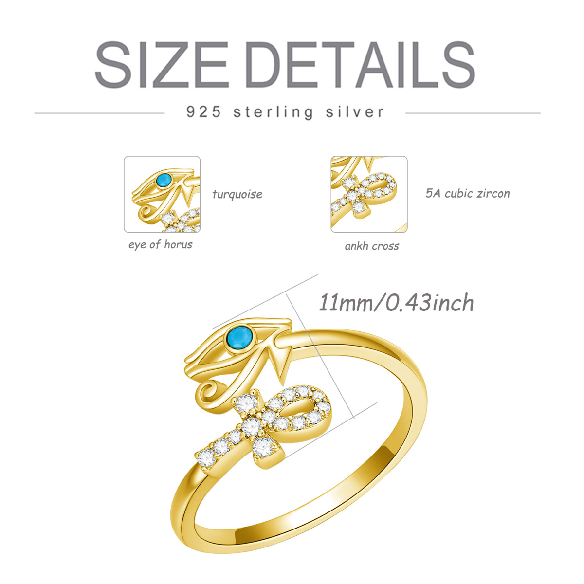 Sterling Silver with Yellow Gold Plated Round Turquoise Eye Of Horus Open Ring-5