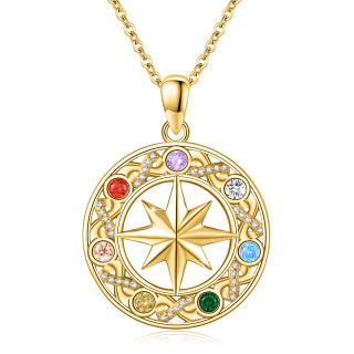 Sterling Silver with Yellow Gold Plated Round Zircon Chakras & Compass Pendant Necklace-10