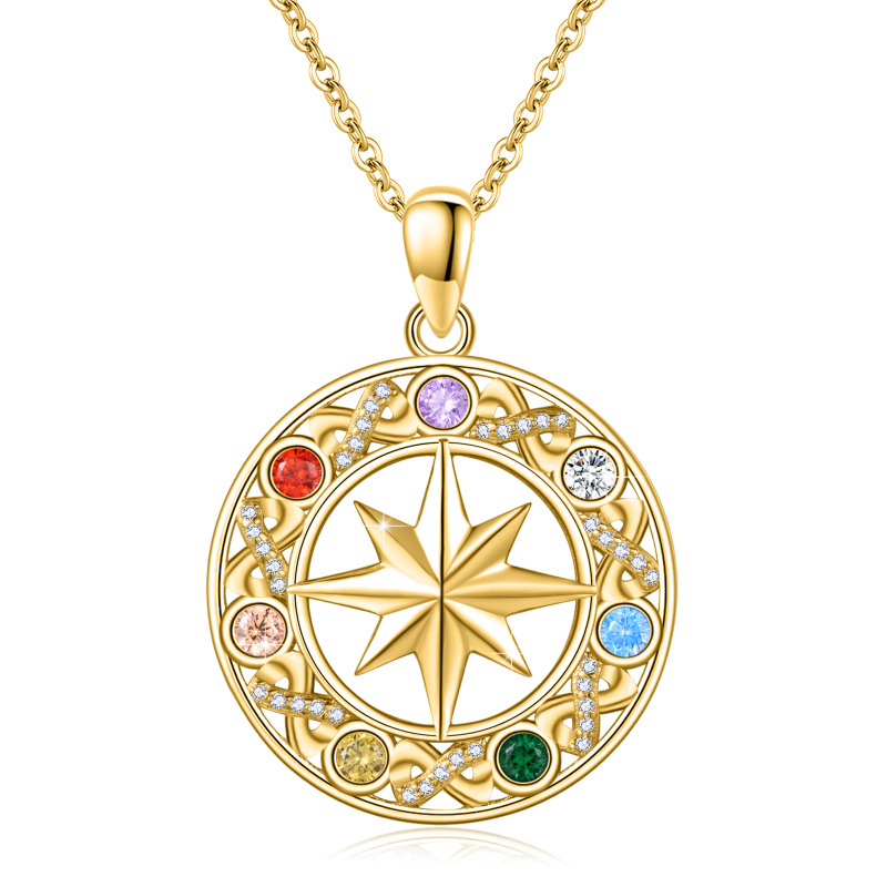 Sterling Silver with Yellow Gold Plated Round Zircon Chakras & Compass Pendant Necklace-19