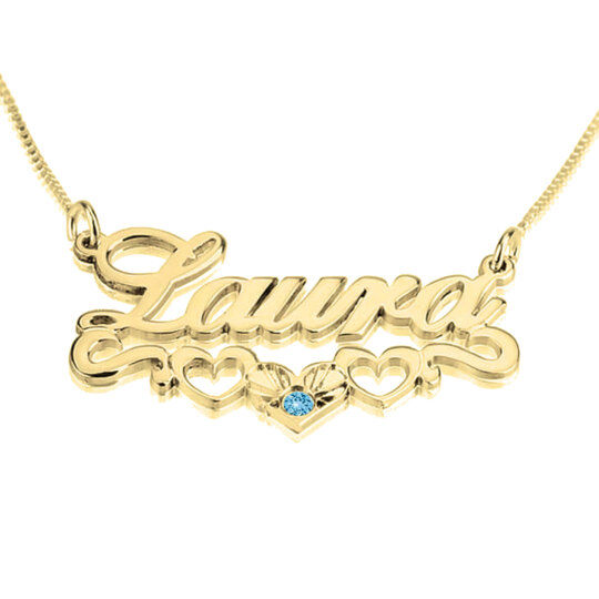 Sterling Silver with Yellow Gold Plated Round Zircon Personalized Birthstone & Personalized Classic Name & Heart Pendant Necklace-5