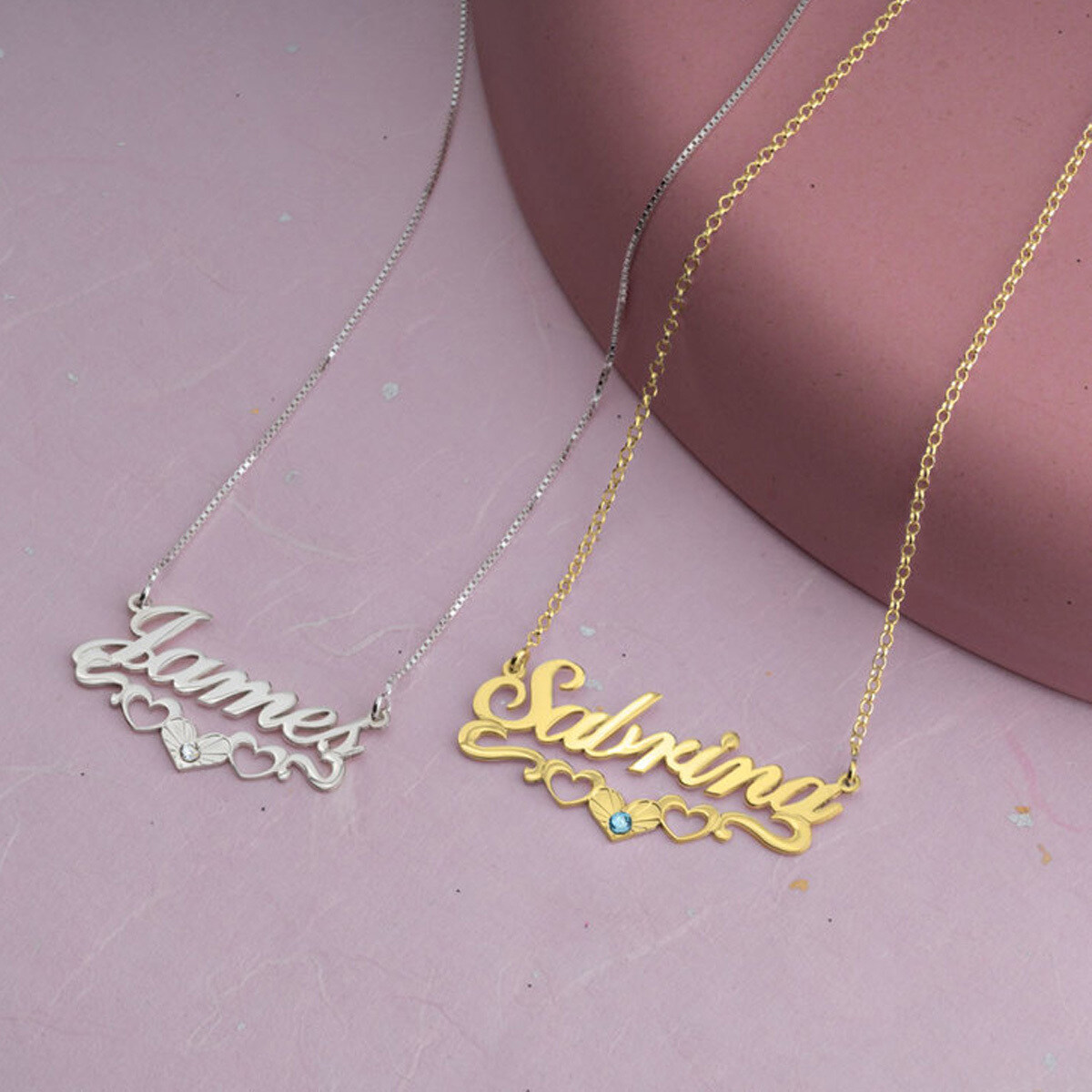 Sterling Silver With Yellow Gold Plated Round Zircon Personalised Birthstone With Personalised Classic Name & Heart Pendant Necklace For Women-6