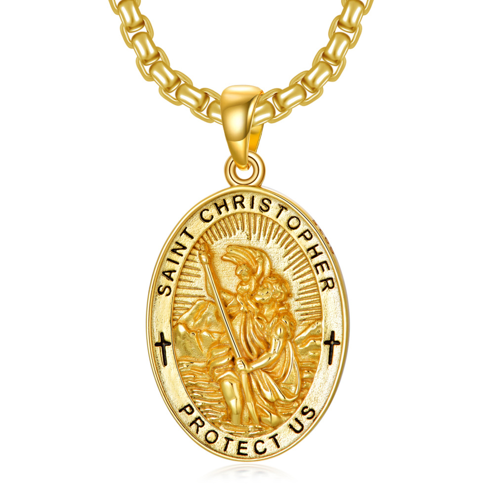 Collar con colgante de San Cristóbal chapado en oro amarillo de plata de ley con palabra grabada para hombres-1