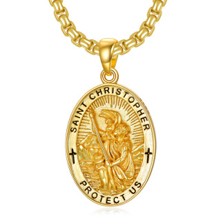 Sterling Silver With Yellow Gold Plated Saint Christopher Pendant Necklace With Engraved Word For Men-15