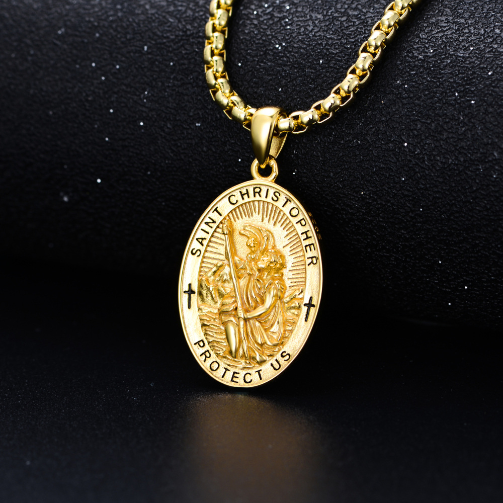Collar con colgante de San Cristóbal chapado en oro amarillo de plata de ley con palabra grabada para hombres-3