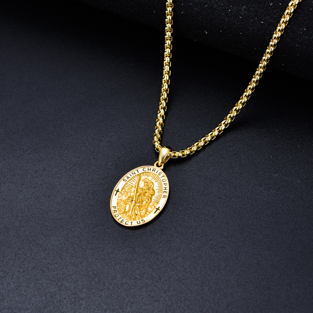 Collar con colgante de San Cristóbal chapado en oro amarillo de plata de ley con palabra grabada para hombres-4
