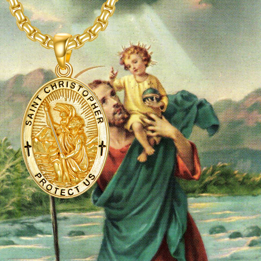 Collar con colgante de San Cristóbal chapado en oro amarillo de plata de ley con palabra grabada para hombres-5