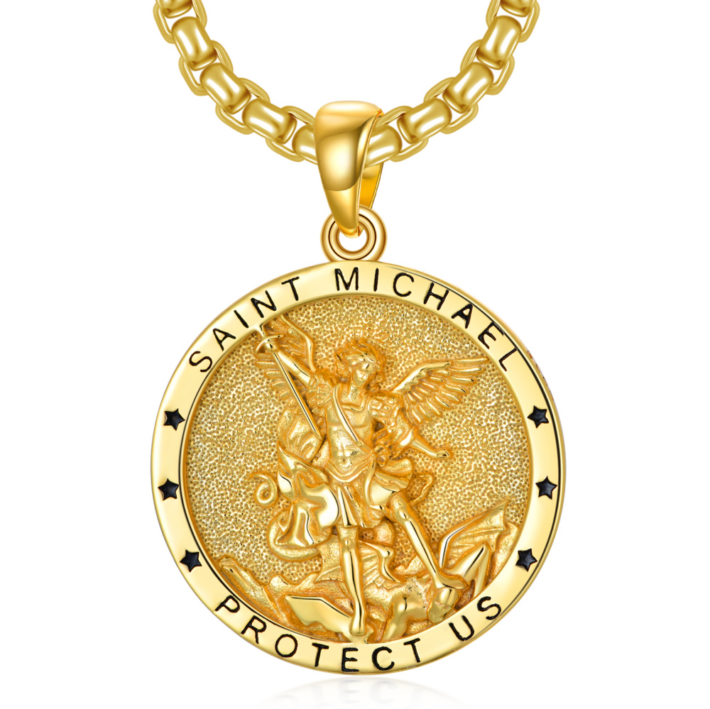 Collier pendentif Saint Michel en argent sterling plaqué or jaune avec mot gravé pour homme-1