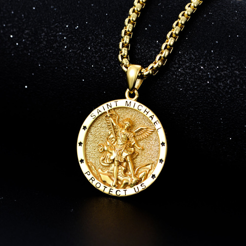 Collier pendentif Saint Michel en argent sterling plaqué or jaune avec mot gravé pour homme-3