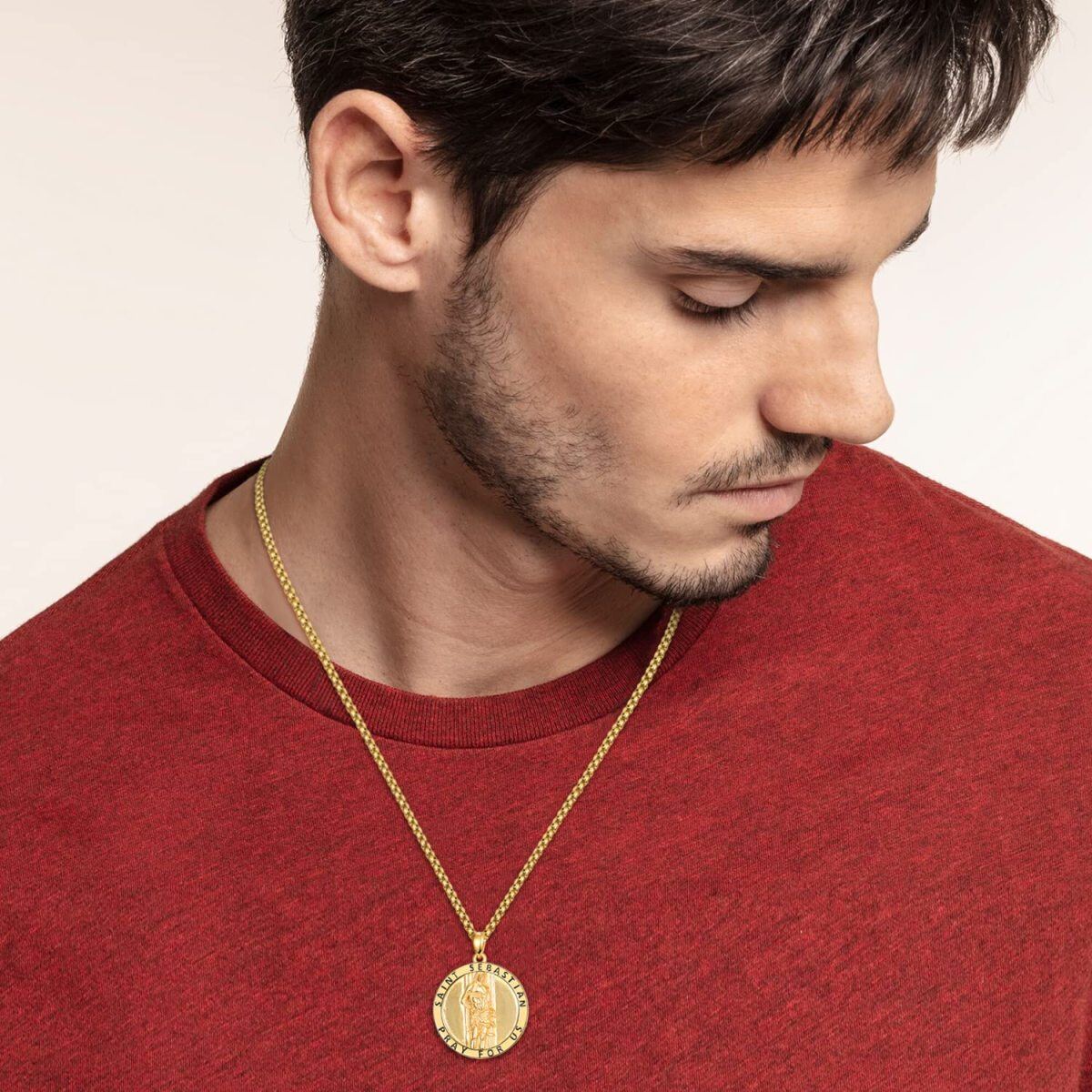 Sterling Silver With Yellow Gold Plated San Sebastian Pendant Necklace With Engraved Word For Men-2