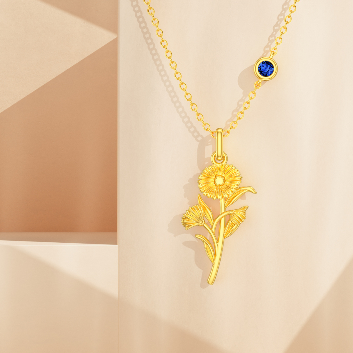 Sterling Silver with Yellow Gold Plated September Birthstone Flower Aster Pendant Necklace-3