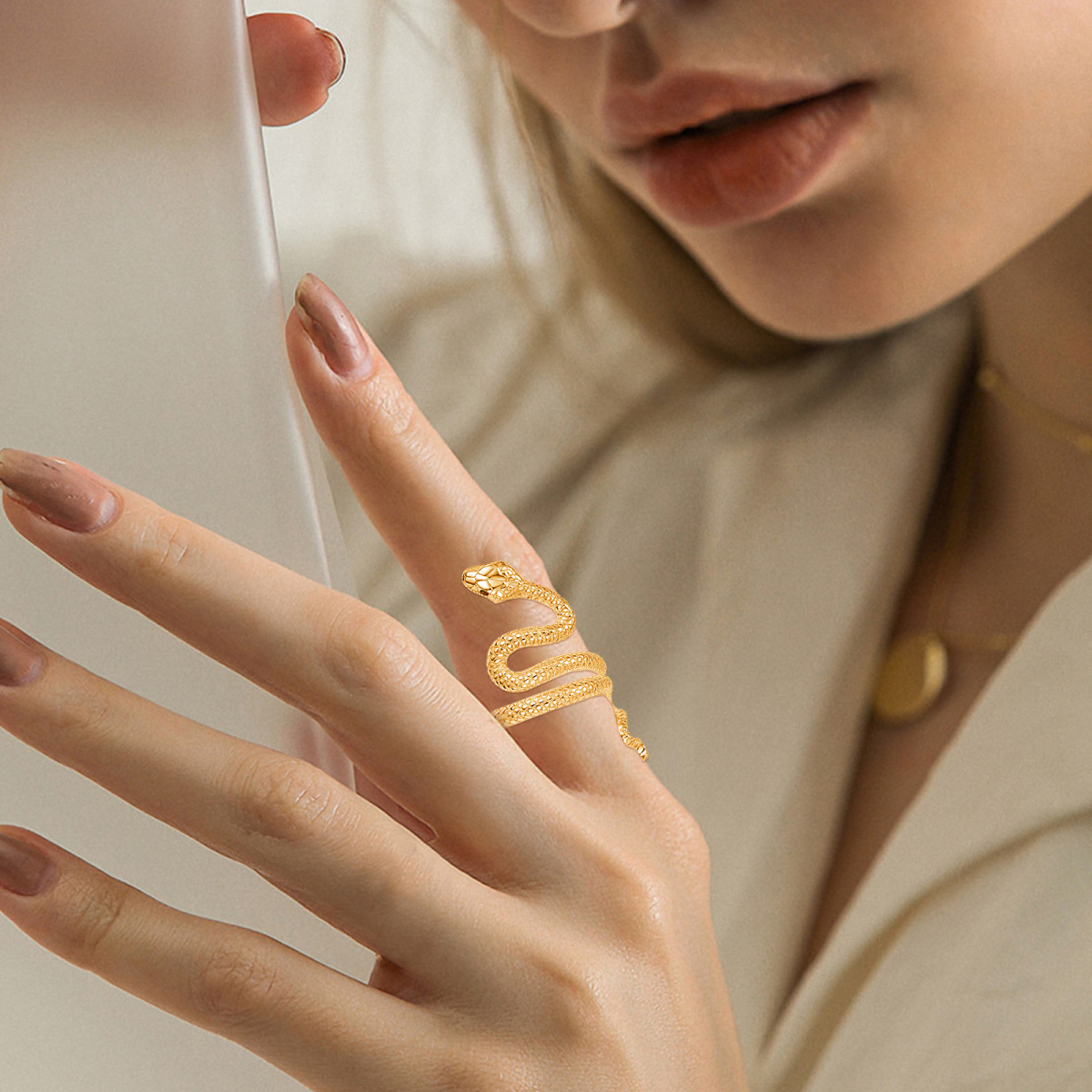 Anillo abierto de serpiente de plata de ley con baño de oro amarillo-3