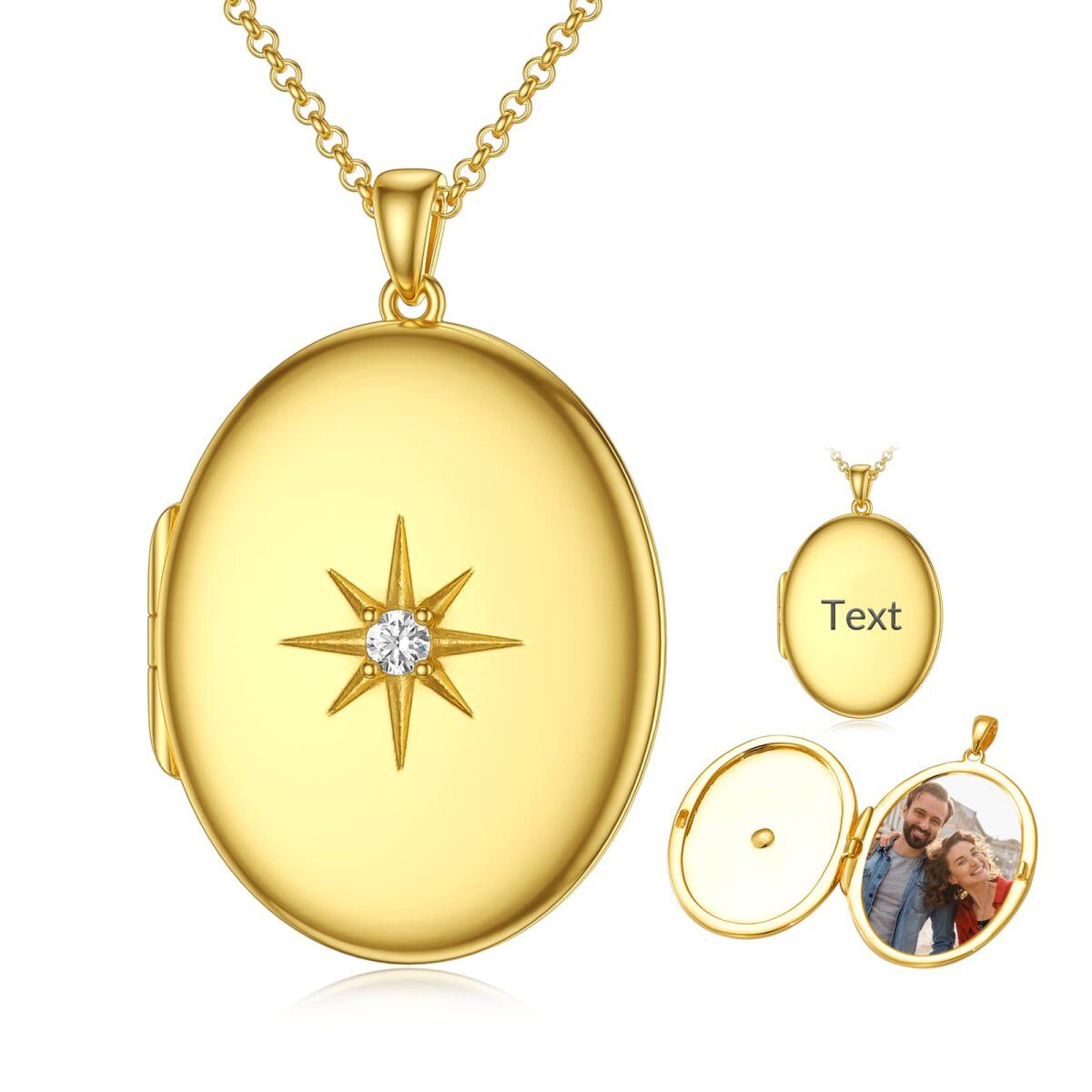 Collar con medallón fotográfico personalizado con estrella de circonita circular de oro vermeil para mujeres y hombres-1