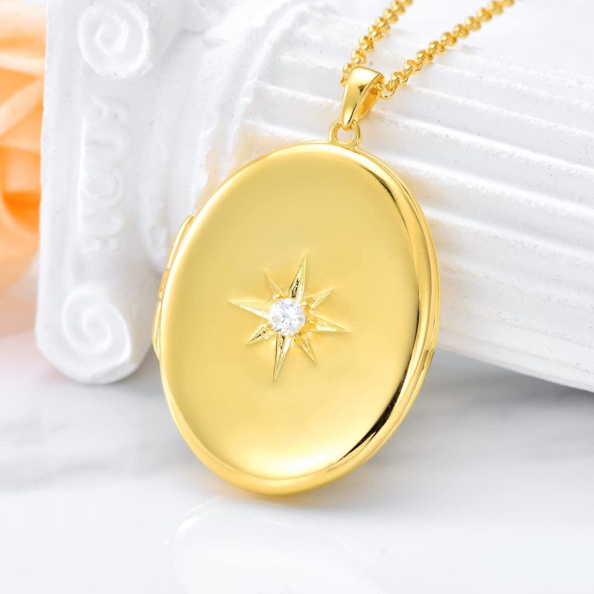 Collar con medallón fotográfico personalizado con estrella de circonita circular de oro vermeil para mujeres y hombres-5