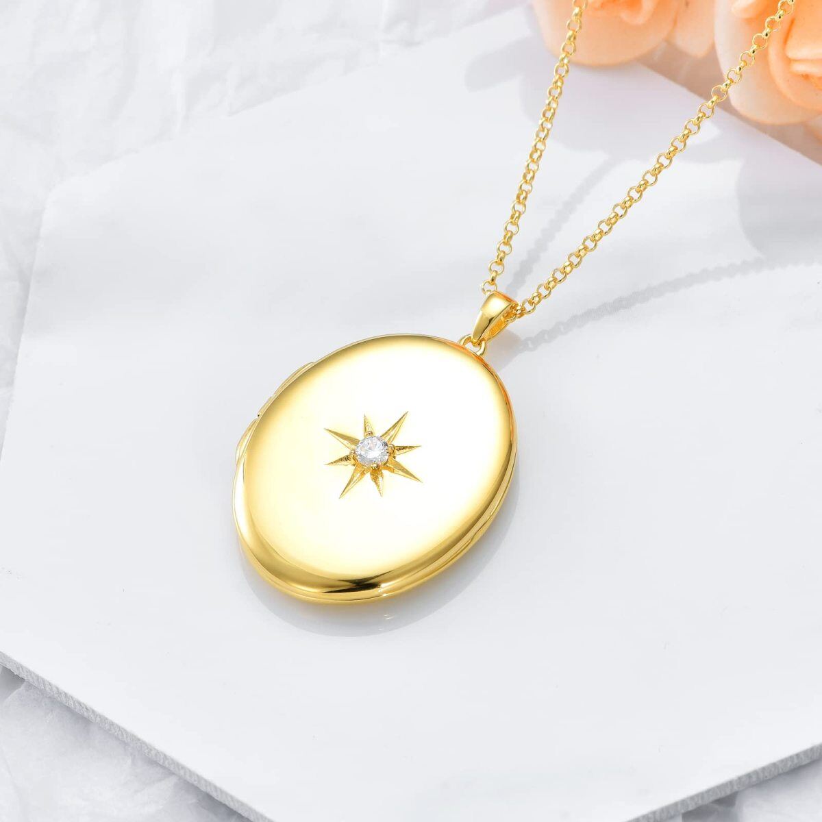 Collar con medallón fotográfico personalizado con estrella de circonita circular de oro vermeil para mujeres y hombres-6