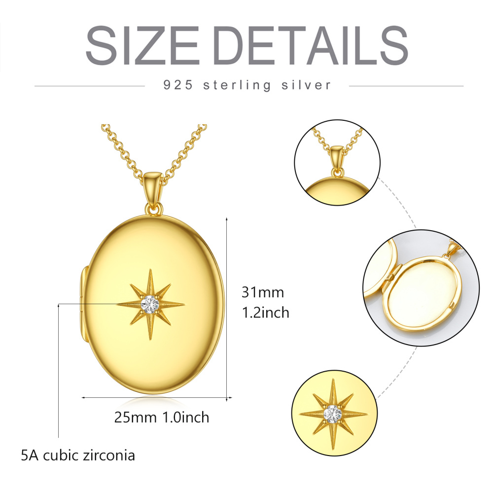 Gold Vermeil Circle Zircon Star Personalized Photo Locket Necklace for Women Men-8